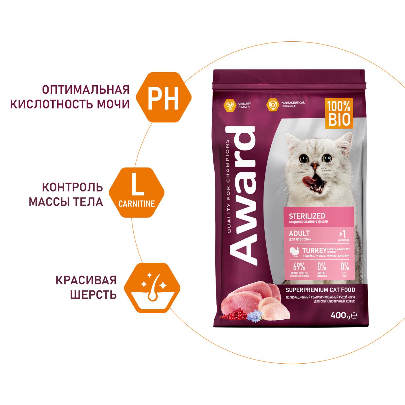 Сухой корм AWARD Sterilized для взрослых стерилизованных кошек с индейкой и курицей с добавлением клюквы и цикория 400г — фото 5