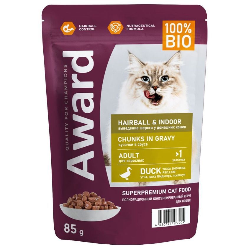 Влажный корм AWARD Hairball & Indoor для выведения шерсти у взрослых домашних кошек кусочки в соусе с уткой 85г — фото 2