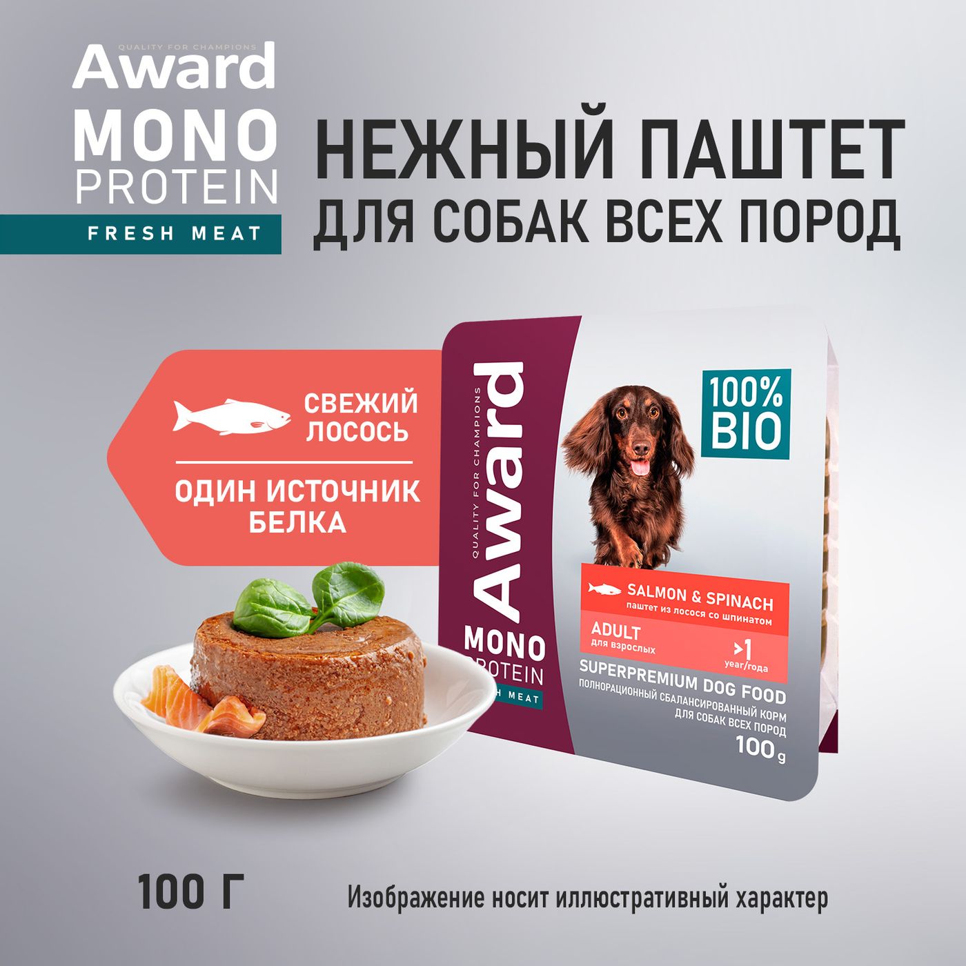 Влажный корм AWARD Monoprotein для взрослых собак паштет из лосося со шпинатом 100г — фото 2