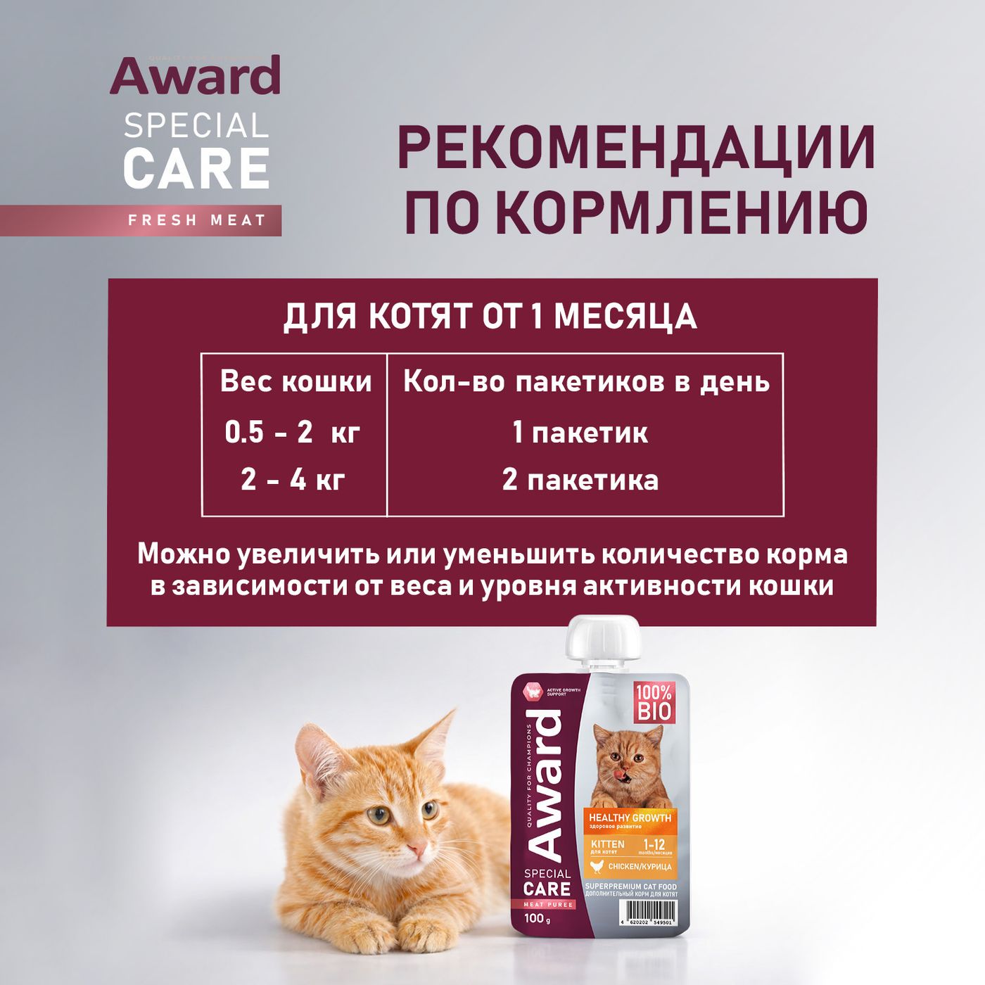 Влажный дополнительный корм AWARD SPECIAL CARE Healthy growth "пюре" для котят от 1 месяца из мяса курицы 100 г — фото 9