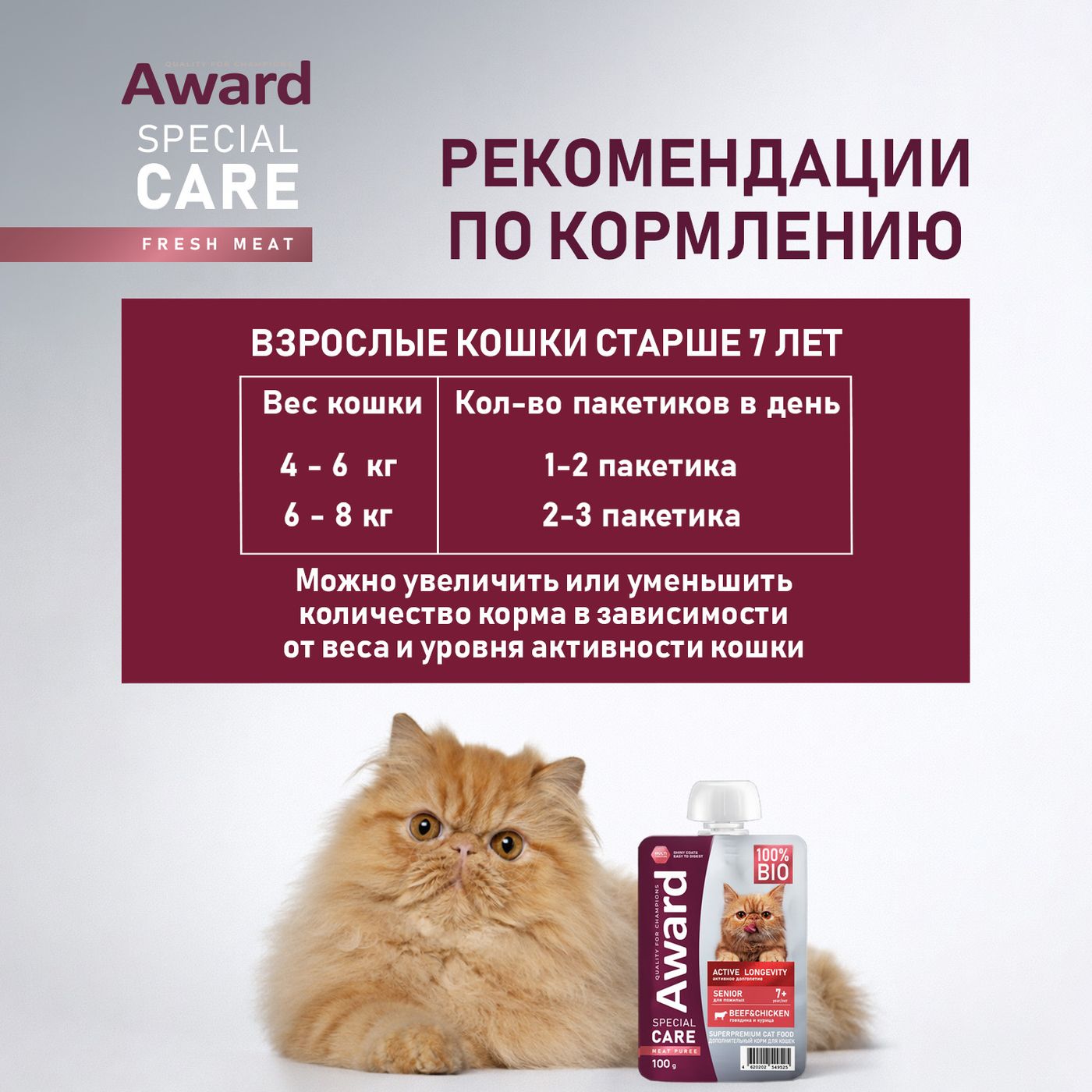 Влажный доп. корм AWARD SPECIAL CARE Active longevity "мясное пюре" для пожилых кошек старше 7 лет для активного долголетия из курицы с говядиной 100г — фото 9