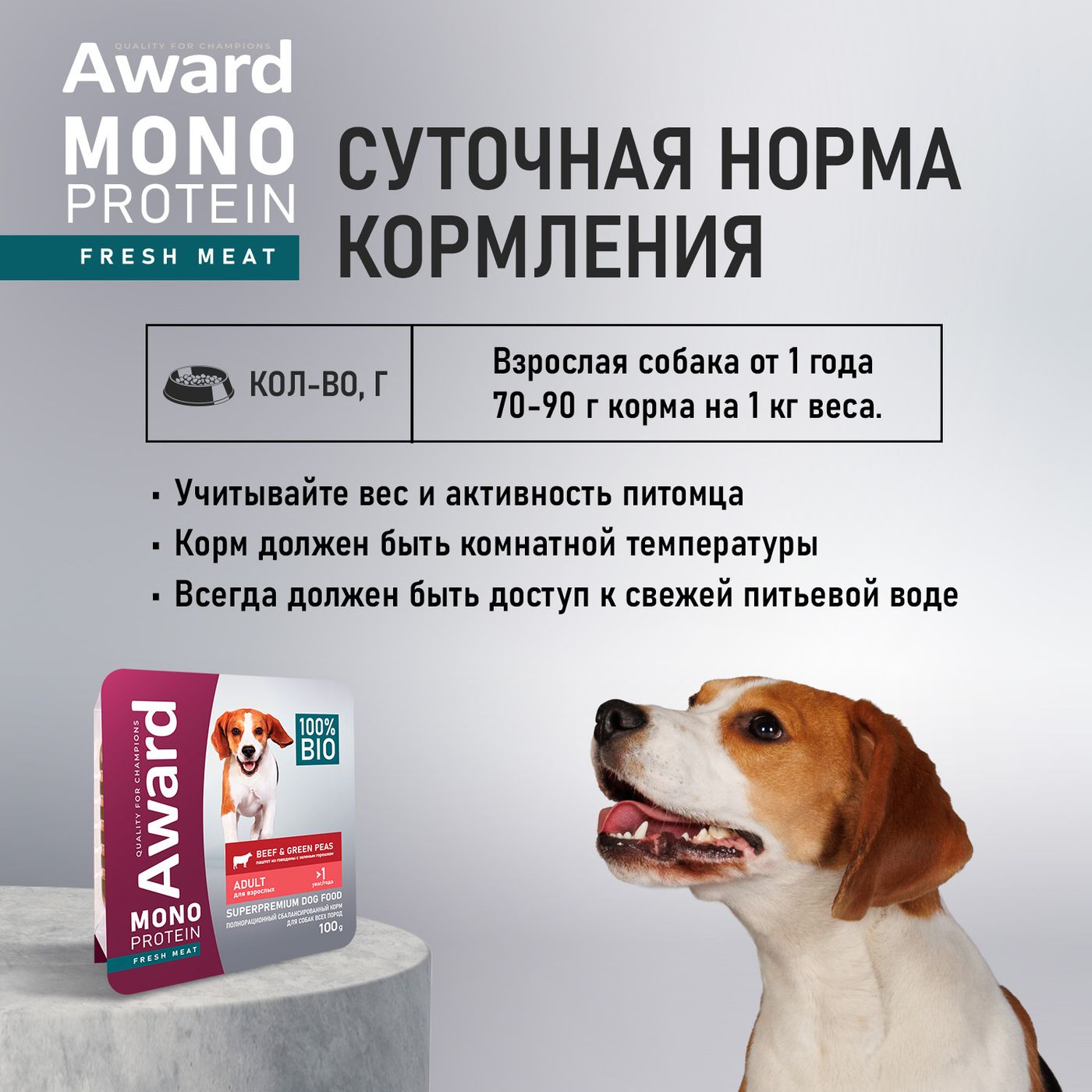 Влажный корм AWARD Monoprotein для взрослых собак паштет из говядины с зеленым горошком 100г — фото 7