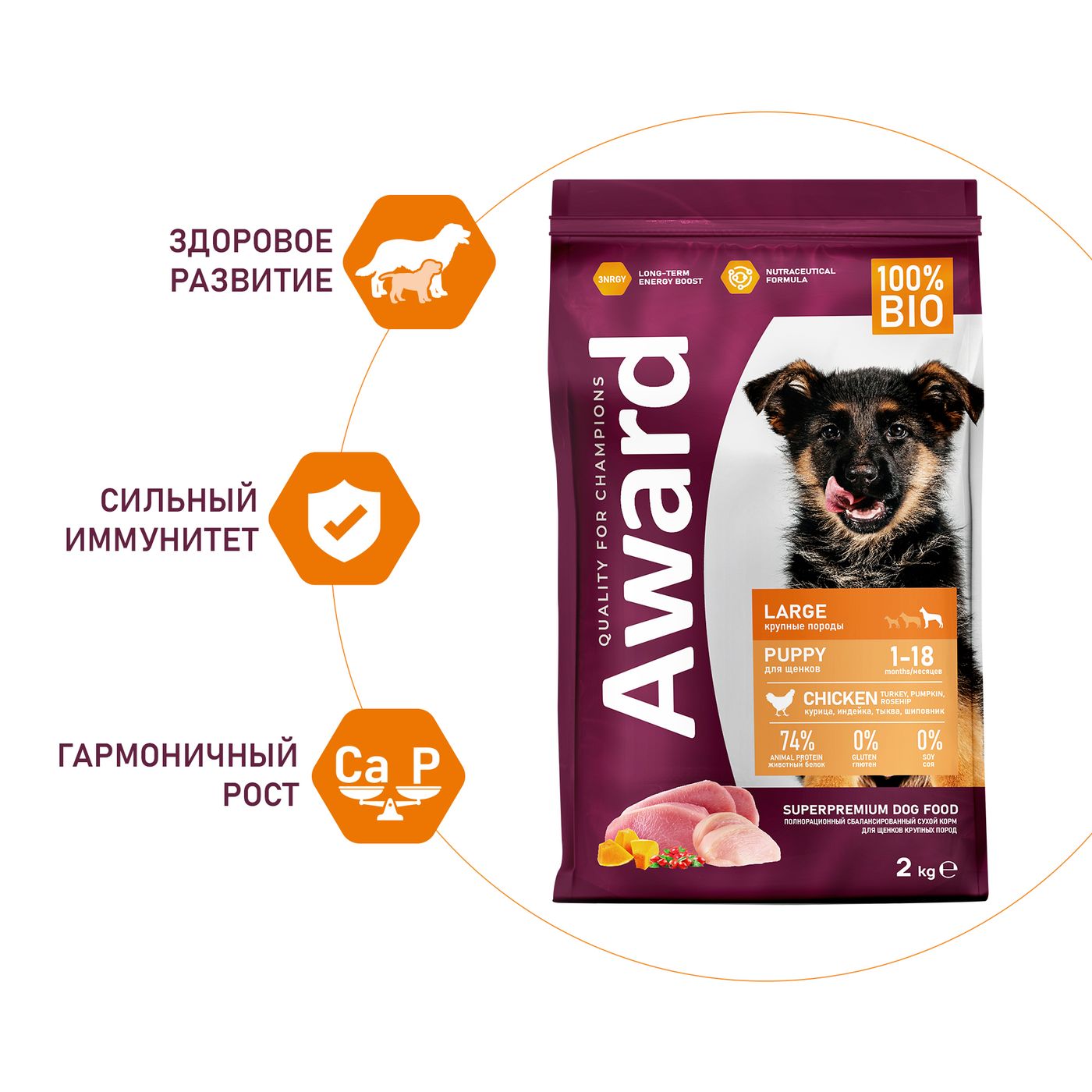 Сухой корм AWARD для щенков от 1 месяца крупных пород с курицей и индейкой с добавлением тыквы и шиповника 2кг — фото 5
