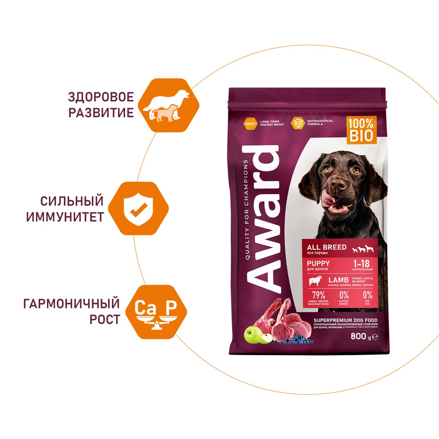 Сухой корм AWARD для щенков от 1 месяца, беременных и кормящих сук всех пород с ягненком и индейкой с добавлением яблока и черники 800г — фото 5
