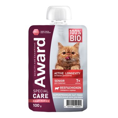 Влажный доп. корм AWARD SPECIAL CARE Active longevity "мясное пюре" для пожилых кошек старше 7 лет для активного долголетия из курицы с говядиной 100г