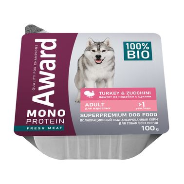 Влажный корм AWARD Monoprotein для взрослых собак паштет из индейки с цукини 100г
