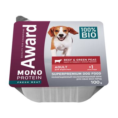 Влажный корм AWARD Monoprotein для взрослых собак паштет из говядины с зеленым горошком 100г