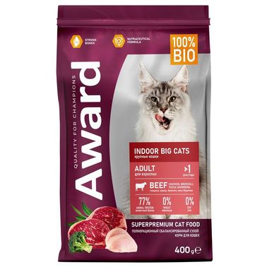 Сухой корм AWARD Indoor Big cats для взрослых домашних кошек крупных пород с говядиной и курицей с добавлением брокколи и юкки Шидигера 400г