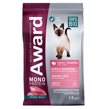 Сухой корм AWARD Monoprotein для взрослых кошек из индейки с добавлением яблока и артишока 1,5кг