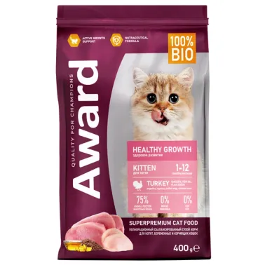 Сухой корм AWARD Healthy growth для котят от 1 месяца, беременных и кормящих кошек с индейкой и курицей с добавлением рыбьего жира и семян льна 400&nbsp;г