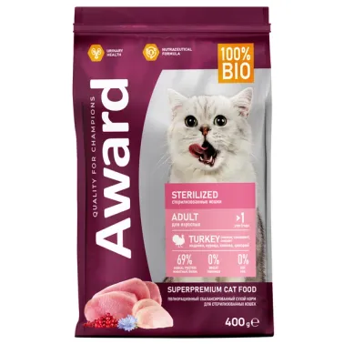Сухой корм AWARD Sterilized для взрослых стерилизованных кошек с индейкой и курицей с добавлением клюквы и цикория 400&nbsp;г