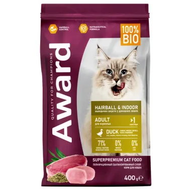 Сухой корм AWARD Hairball &amp; Indoor для взрослых кошек для выведения шерсти с уткой и индейкой с добавлением зелёной чечевицы и Юкки Шидигера 400&nbsp;г