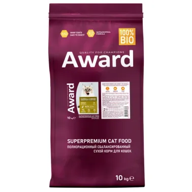 Сухой корм AWARD Hairball &amp; Indoor для взрослых кошек для выведения шерсти с уткой и индейкой с добавлением зелёной чечевицы и Юкки Шидигера 10&nbsp;кг