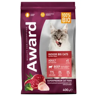 Сухой корм AWARD Indoor Big cats для взрослых домашних кошек крупных пород с говядиной и курицей с добавлением брокколи и юкки Шидигера 400&nbsp;г