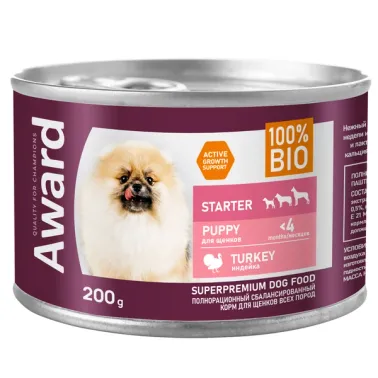 Влажный корм AWARD для щенков с начала прикорма до 4 месяцев, беременных и кормящих сук паштет из индейки 200&nbsp;г