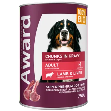 Влажный корм AWARD для взрослых собак, кусочки с ягнёнком и печенью в соусе 750&nbsp;г