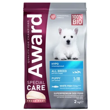 Сухой корм AWARD SPECIAL CARE HYPO PUPPY со свежей белой рыбой для щенков от 1 месяца, беременных и кормящих собак всех пород, склонных к аллергии 2 кг