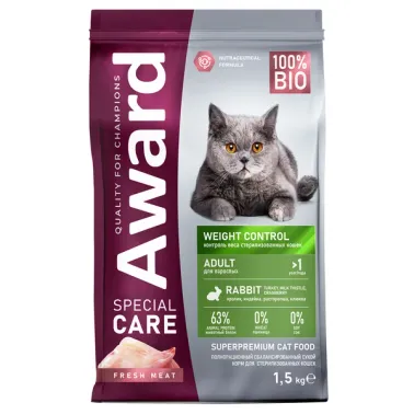 Сухой корм AWARD SPECIAL CARE Weight Control для взрослых стерилизованных кошек для контроля веса со свежим мясом кролика 1,5 кг