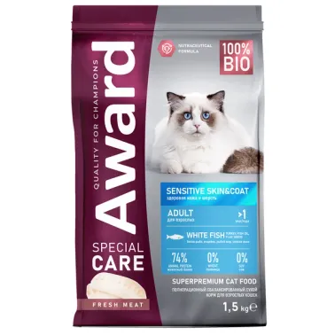Сухой корм AWARD SPECIAL CARE Sensitive Skin&Coat для взрослых кошек для здоровой кожи и шерсти со свежей белой рыбой 1,5 кг