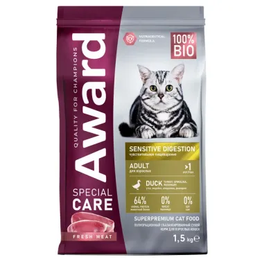 Сухой корм AWARD SPECIAL CARE Sensitive Digestion для взрослых кошек с чувствительным пищеварением со свежим мясом утки 1,5 кг